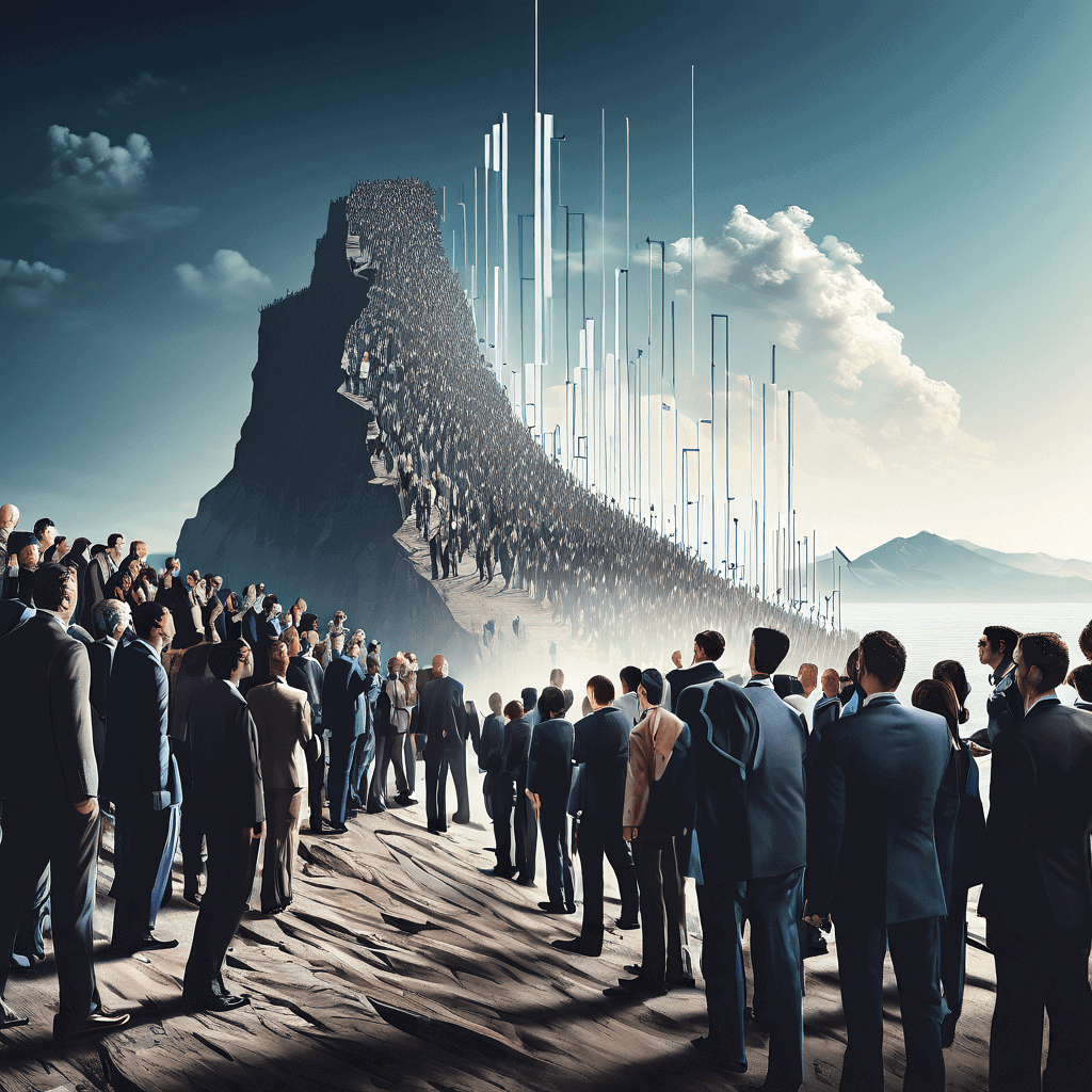 대다수의 무표정 투자자가 군중심리를 따라 절벽을 향해 획일적으로 움직이는 반면, 한 명의 투자자만이 반대 방향을 바라보며 차트와 그래프가 착시 현상으로 변해가는 모습을 상징적으로 표현한 이미지입니다.