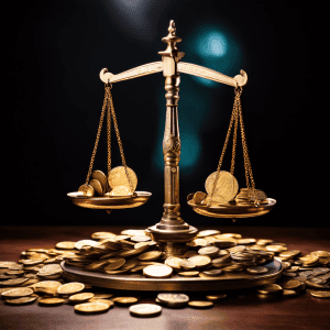 한쪽에는 9,900개의 동전이, 다른 한쪽에는 단 한 개의 10,000원짜리 동전이 올려진 저울에서 가치와 무게의 차이를 시각적으로 보여주는 이미지입니다.