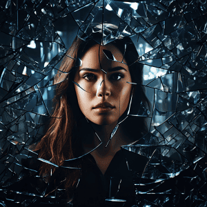 깨진 거울에 비친 한 사람의 여러 모습이 각각의 조각마다 다른 자아를 보여주며 혼란스러워하고 내성적으로 성찰하는 모습을 담은 이미지입니다.