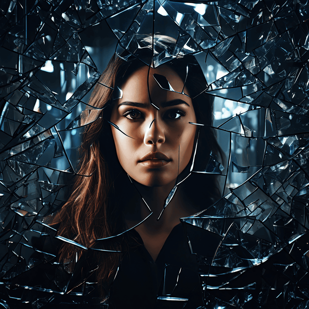 깨진 거울에 비친 한 사람의 여러 모습이 각각의 조각마다 다른 자아를 보여주며 혼란스러워하고 내성적으로 성찰하는 모습을 담은 이미지입니다.