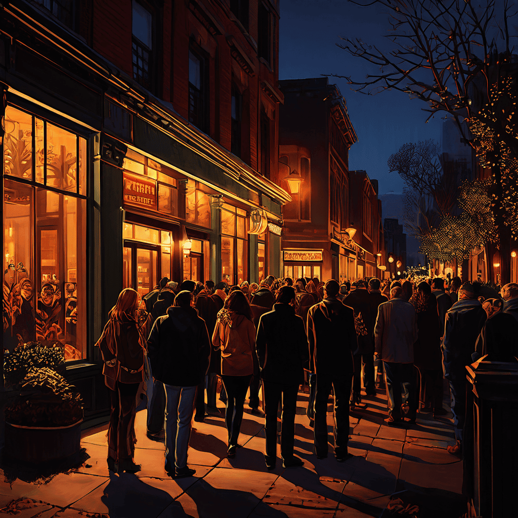 황혼 무렵 활기찬 도시 거리에서 인기 레스토랑 앞을 따뜻한 조명이 비추며 많은 사람들이 입구를 향해 길게 줄을 서 있는 모습입니다.