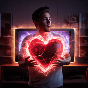 TV 홈쇼핑 채널 전환 시 나는 날카로운 클릭 소리에 반응하여 한 사람의 가슴 속에서 빛나며 고동치는 심장을 상징적으로 표현한 이미지입니다.