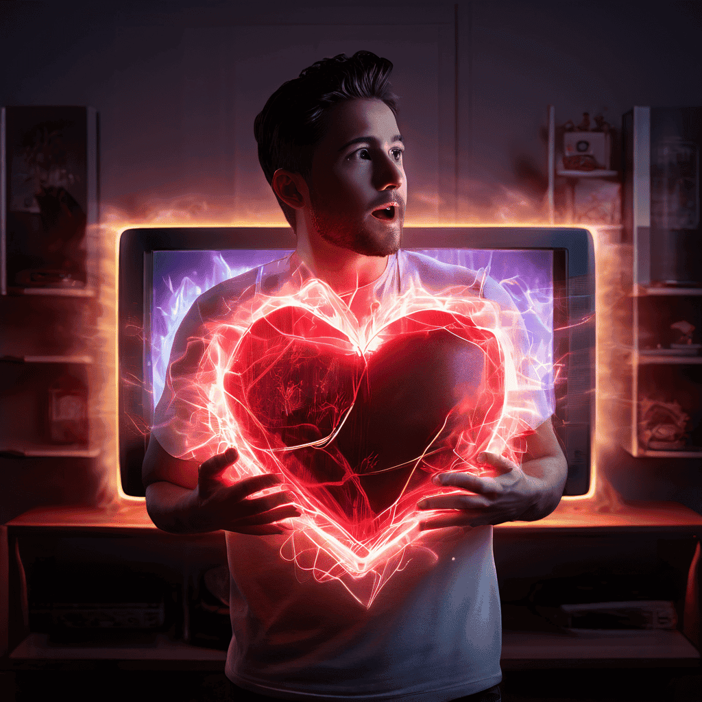 TV 홈쇼핑 채널 전환 시 나는 날카로운 클릭 소리에 반응하여 한 사람의 가슴 속에서 빛나며 고동치는 심장을 상징적으로 표현한 이미지입니다.