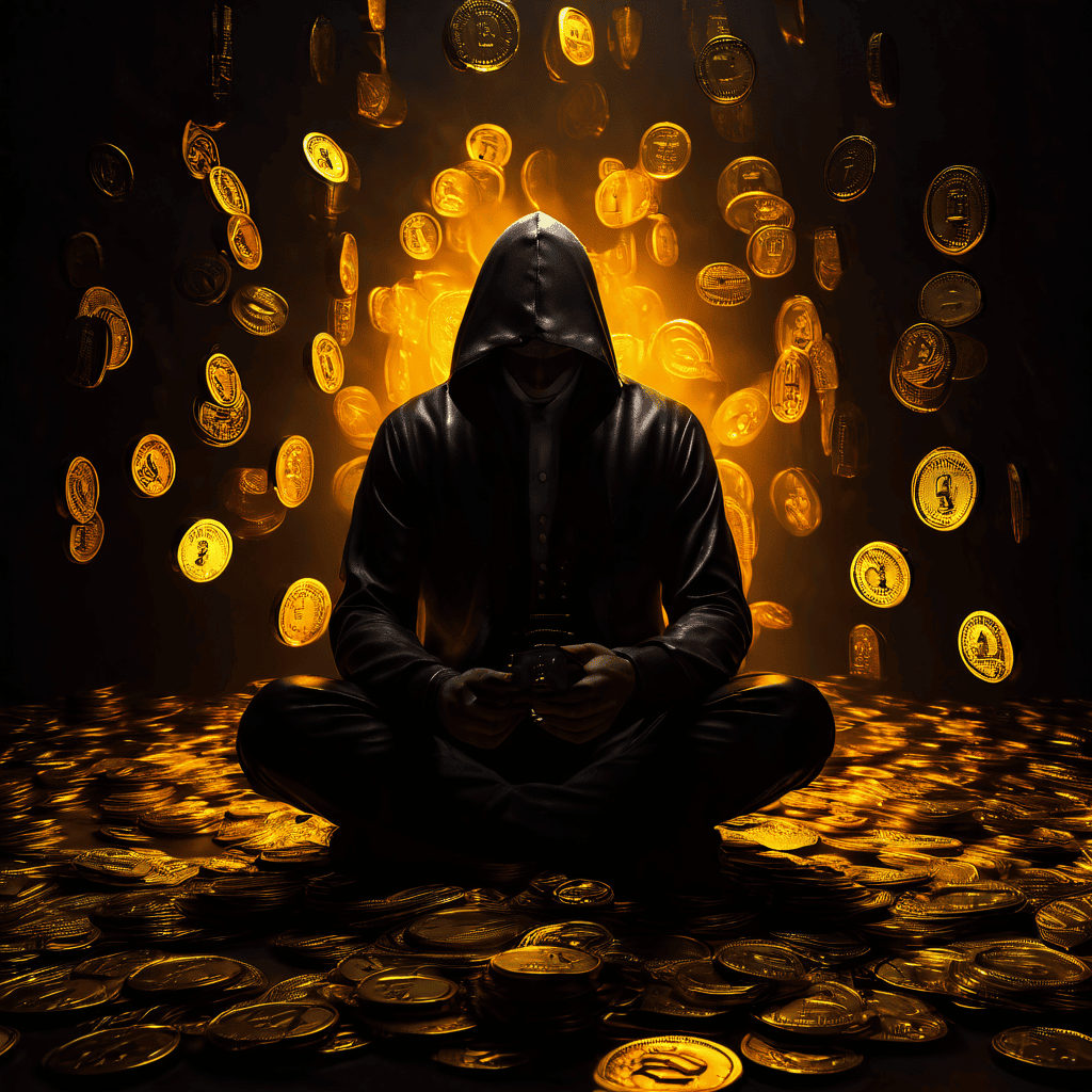 불안이라는 감정이 기업의 시스템 속에서 채굴되고 정제되어 빛나는 화폐로 전환되는 과정을 상징적으로 표현한 이미지입니다.