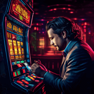 중독적인 도박 심리를 상징적으로 표현한 이미지로 슬롯머신 앞에서 뇌가 "한 번만 더"라고 속삭이는 모습과 함께 환상적인 당첨 심볼이 통계 그래프와 떨어지는 동전으로 희미하게 변해가는 장면을 담고 있습니다.