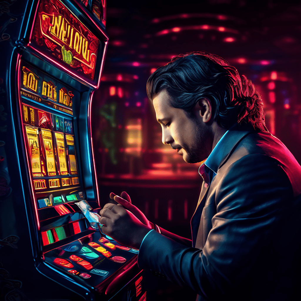 중독적인 도박 심리를 상징적으로 표현한 이미지로 슬롯머신 앞에서 뇌가 "한 번만 더"라고 속삭이는 모습과 함께 환상적인 당첨 심볼이 통계 그래프와 떨어지는 동전으로 희미하게 변해가는 장면을 담고 있습니다.