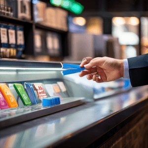 행동 심리학과 넛지 이론을 활용하여 계산대 근처에 배치된 껌을 손이 집어 가도록 유도하는 미세한 화살표와 시각적 단서를 설명하는 이미지입니다.