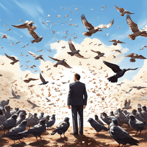 한 무리의 새가 비행하는 가운데 한 마리가 이탈하자, 정치인처럼 비판적인 인간의 얼굴을 한 다른 새들이 따를지 배척할지 갈등하는 집단 심리와 이탈자를 향한 시선을 풍자적으로 표현한 이미지입니다.