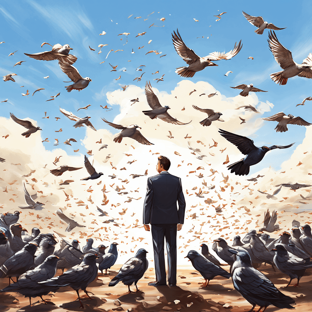 한 무리의 새가 비행하는 가운데 한 마리가 이탈하자, 정치인처럼 비판적인 인간의 얼굴을 한 다른 새들이 따를지 배척할지 갈등하는 집단 심리와 이탈자를 향한 시선을 풍자적으로 표현한 이미지입니다.