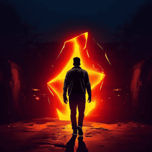 브랜드 로고의 빛을 등지고 멀어지는 고객의 뒷모습이 길게 찢어진 그림자를 형성하며 고객 이탈과 브랜드와의 단절을 상징적으로 표현한 이미지입니다.