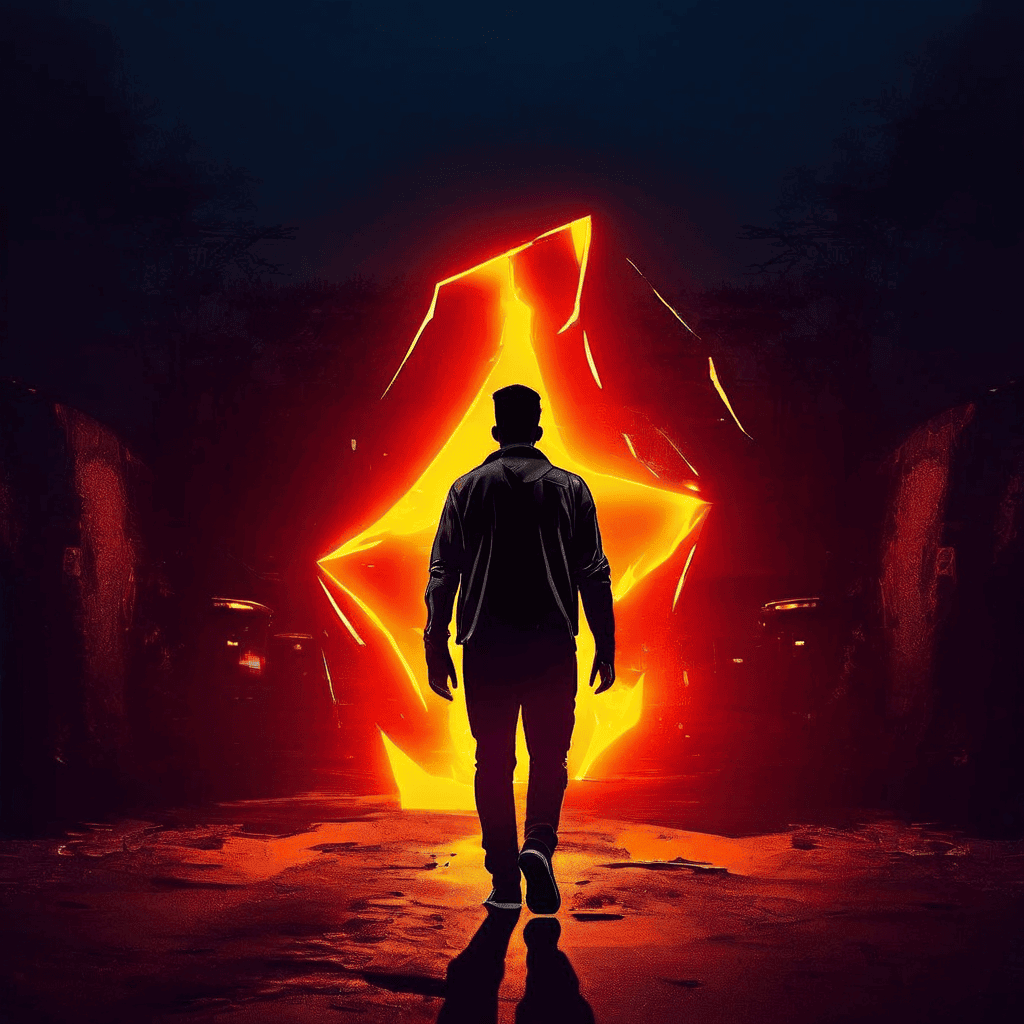 브랜드 로고의 빛을 등지고 멀어지는 고객의 뒷모습이 길게 찢어진 그림자를 형성하며 고객 이탈과 브랜드와의 단절을 상징적으로 표현한 이미지입니다.