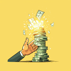 손이 거대하게 빛나는 잭팟 숫자를 향해 뻗어 있는 반면 다른 손은 현실적인 소액의 현금 더미를 쥐고 있으며, 두 장면이 뚜렷한 경계선으로 나뉘어져 있는 모습은 꿈의 큰 부와 일상의 작은 수익 간의 대비를 상징적으로 보여줍니다.