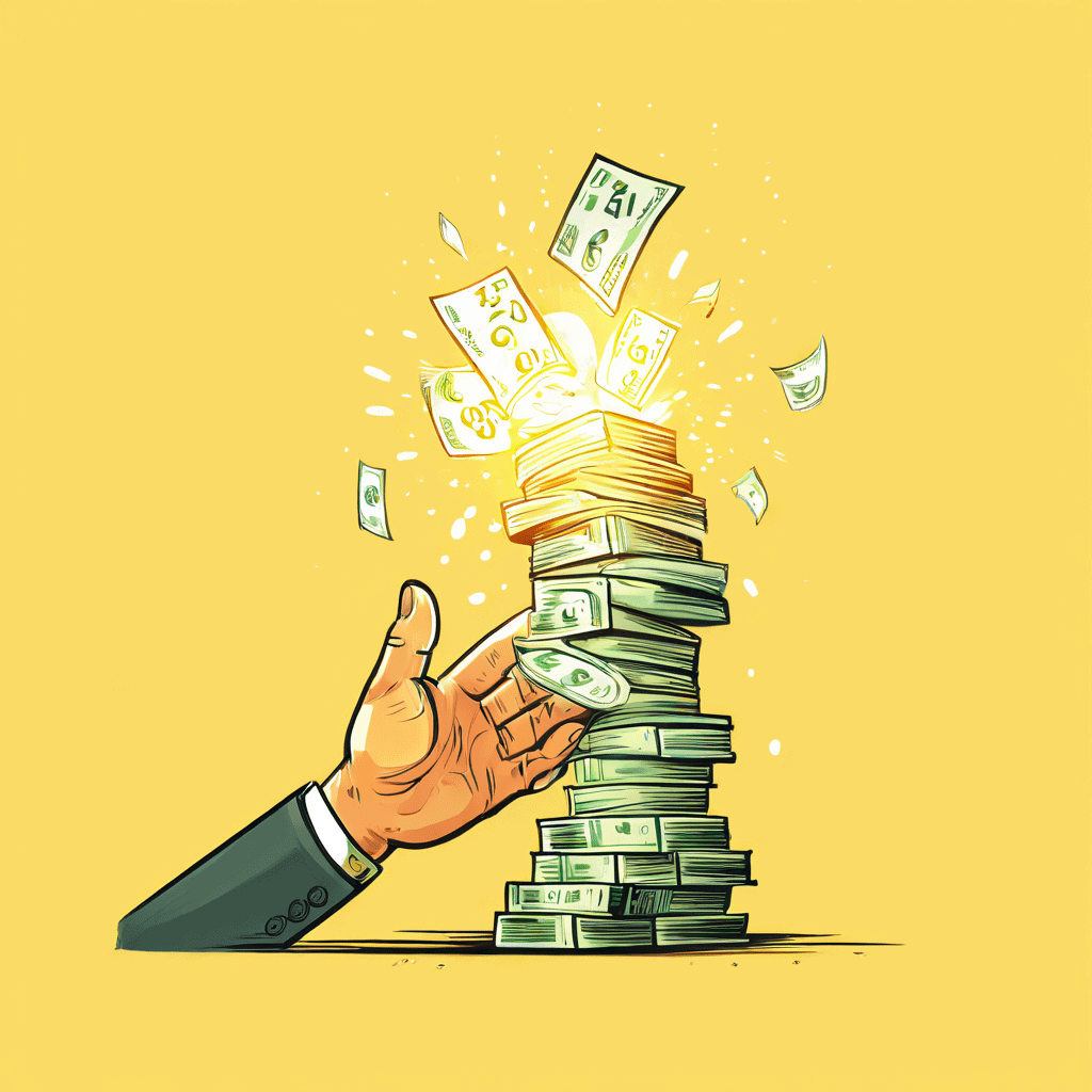 손이 거대하게 빛나는 잭팟 숫자를 향해 뻗어 있는 반면 다른 손은 현실적인 소액의 현금 더미를 쥐고 있으며, 두 장면이 뚜렷한 경계선으로 나뉘어져 있는 모습은 꿈의 큰 부와 일상의 작은 수익 간의 대비를 상징적으로 보여줍니다.