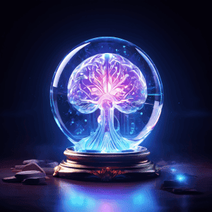 논리와 직관이 조화를 이루는 창의적 사고 과정을 상징적으로 표현한 이미지로, 빛나는 수정 속에 담긴 내면의 지혜를 확대경을 통해 탐구하는 모습을 보여줍니다.