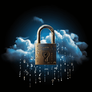 데이터 보안과 소유권에 대한 불확실성을 상징하는 '당신의 데이터?'라고 적힌 자물쇠가 어둠 속에 떠 있으며, 아래로 이어지는 깨지기 쉬운 물음표 사슬이 공허로 흘러가는 개념도를 나타냅니다.