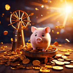 1번째 이미지는 저축의 어려움을 상징적으로 표현한 것으로, 동전을 떨어뜨리며 햄스터 케이지 위를 달리는 슬픈 돼지 저금통과 고장 난 풍차 모양 저축 장치를 보여줍니다.