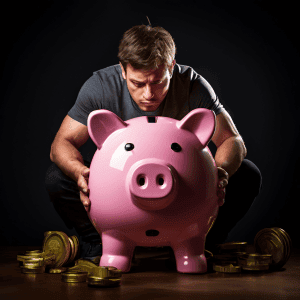 캐시백에 중독된 소비자를 상징적으로 표현한 이미지로, 현금 환급이라는 유인에 갇혀 지친 표정으로 작은 덤벨을 드는 모습을 통해 무의미한 소비와 적은 혜택에 지친 현대인의 모습을 보여줍니다.