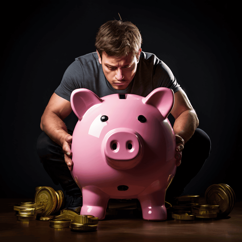 캐시백에 중독된 소비자를 상징적으로 표현한 이미지로, 현금 환급이라는 유인에 갇혀 지친 표정으로 작은 덤벨을 드는 모습을 통해 무의미한 소비와 적은 혜택에 지친 현대인의 모습을 보여줍니다.