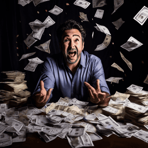 복권 당첨자의 환희가 법적 문서와 쌓인 청구서, 그를 잡으려는 그림자 같은 손들에 둘러싸여 점차 공포로 변해가는 순간을 표현한 이미지입니다.