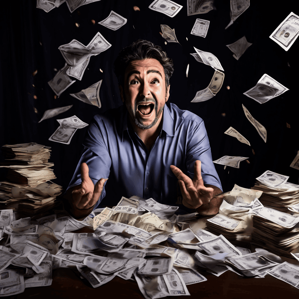 복권 당첨자의 환희가 법적 문서와 쌓인 청구서, 그를 잡으려는 그림자 같은 손들에 둘러싸여 점차 공포로 변해가는 순간을 표현한 이미지입니다.