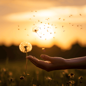 바람에 흩어져 사라지는 민들레 홀씨 한 송이를 간절히 잡으려는 사람의 모습이 그려져 있으며, 이는 소중한 기회를 놓쳐버릴까 봐 두려워하는 인간의 심리를 상징적으로 표현하고 있습니다.