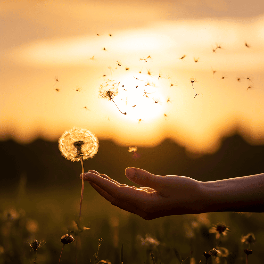 바람에 흩어져 사라지는 민들레 홀씨 한 송이를 간절히 잡으려는 사람의 모습이 그려져 있으며, 이는 소중한 기회를 놓쳐버릴까 봐 두려워하는 인간의 심리를 상징적으로 표현하고 있습니다.