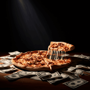 할인된 피자와 현금 더미 사이에서 갈등하는 사람을 묘사하며, 피자 박스 위로는 '손실'을 상징하는 어두운 그림자가 드리워져 있습니다.