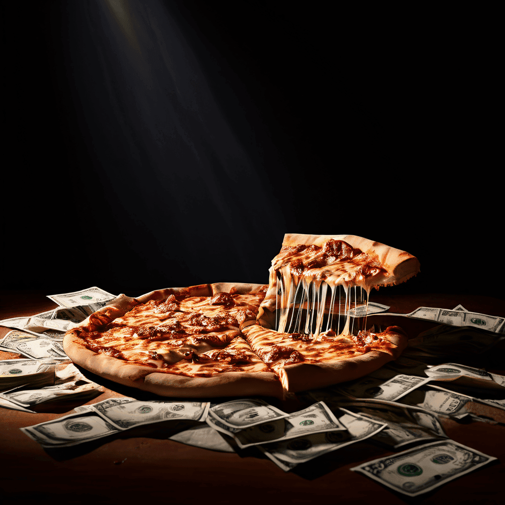 할인된 피자와 현금 더미 사이에서 갈등하는 사람을 묘사하며, 피자 박스 위로는 '손실'을 상징하는 어두운 그림자가 드리워져 있습니다.