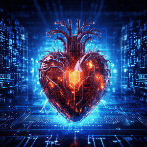 인간의 따뜻한 감정과 생명력을 상징하는 빛나는 심장이, 이를 분석하고 수치화하려는 차가운 디지털 회로와 이진 코드의 그물망 속에서도 온전히 빛을 발하고 있는 모습을 표현한 이미지입니다.