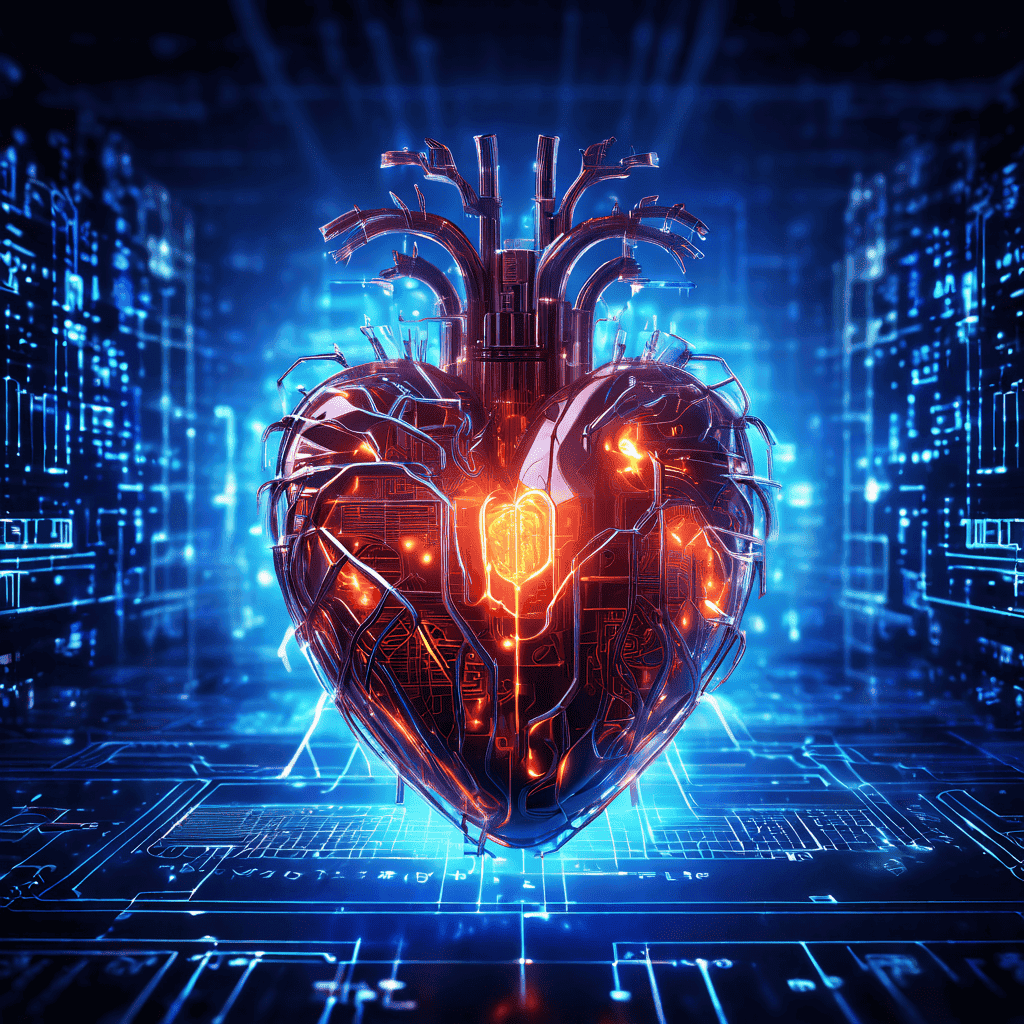 인간의 따뜻한 감정과 생명력을 상징하는 빛나는 심장이, 이를 분석하고 수치화하려는 차가운 디지털 회로와 이진 코드의 그물망 속에서도 온전히 빛을 발하고 있는 모습을 표현한 이미지입니다.