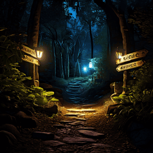 통화 환전의 갈림길에서 눈에 띄는 밝은 길과 '넛지' 표지판이 은은하게 비추는 길이 나뉘어 여행자의 선택에 영향을 미치는 상황을 상징적으로 표현한 이미지입니다.