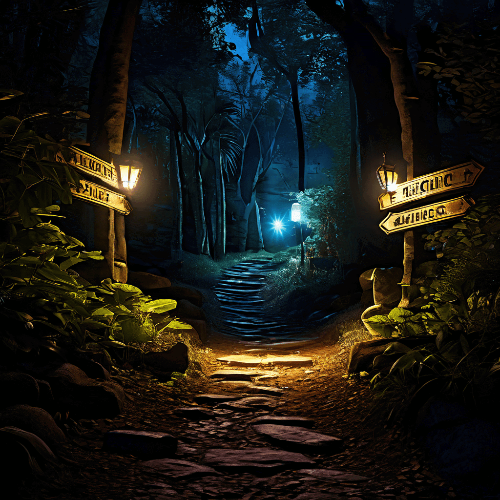 통화 환전의 갈림길에서 눈에 띄는 밝은 길과 '넛지' 표지판이 은은하게 비추는 길이 나뉘어 여행자의 선택에 영향을 미치는 상황을 상징적으로 표현한 이미지입니다.