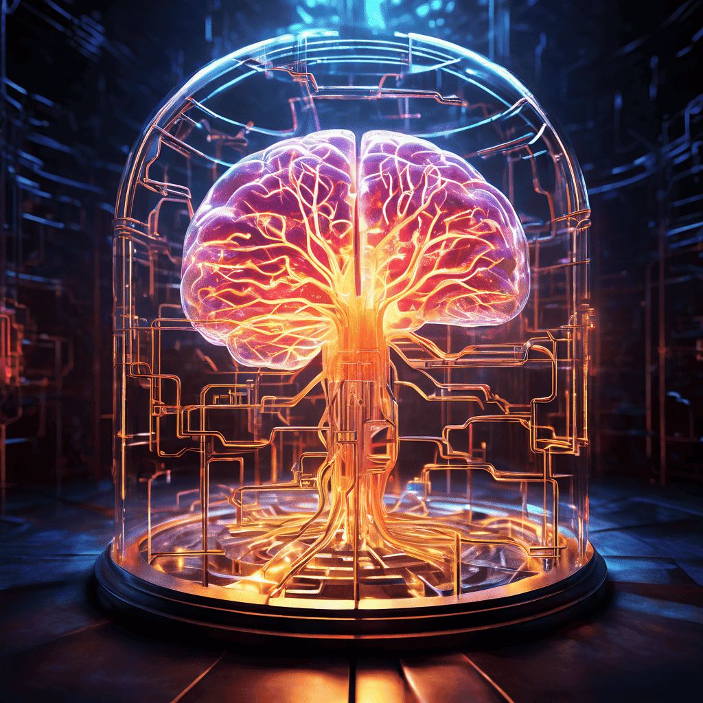 투명한 미로에 갇힌 인간의 뇌가 오래된 신경 경로는 빛나며 순환하고 새로운 경로는 탐험되지 않은 채 남아 있는 뇌 가소성과 학습 과정의 개념을 시각적으로 표현한 이미지입니다.