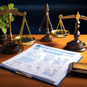 조건부 무료 수강권과 출석 정책을 법적 관점에서 분석한 계약서 문서가 저울과 계약 아이콘과 함께 배치되어 교육 서비스의 규정과 의무사항을 상징적으로 표현한 이미지입니다.