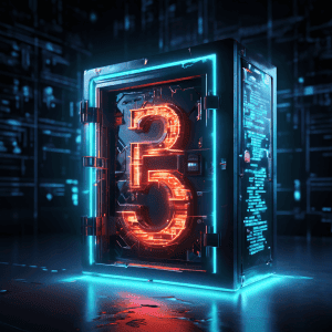 RNG(난수 생성)라고 표시된 빛나는 금고가 디지털 공간에 떠 있으며, 문틈으로 빛나는 물음표가 보이고 주변을 이진 코드가 흐르는 개념적 이미지입니다.