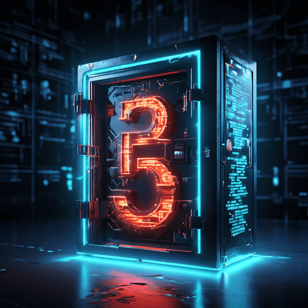 RNG(난수 생성)라고 표시된 빛나는 금고가 디지털 공간에 떠 있으며, 문틈으로 빛나는 물음표가 보이고 주변을 이진 코드가 흐르는 개념적 이미지입니다.