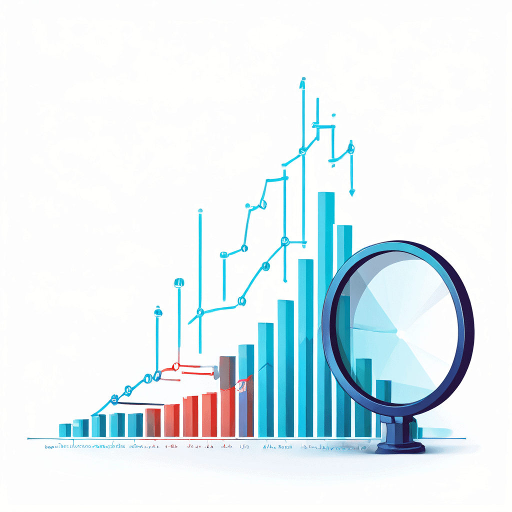 급락하는 그래프의 막대가 물음표로 변형되고 재무 차트와 데이터를 분석하는 돋보기가 겹쳐진, 시장 불확실성과 하락세를 시각적으로 표현한 분석 이미지입니다.