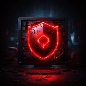 컴퓨터 화면에 빨간 경고 표시와 깨진 방패 아이콘이 나타나고, 그림자 같은 디지털 손이 비밀번호를 훔쳐가는 사이버 보안 위협을 상징적으로 묘사한 이미지입니다.