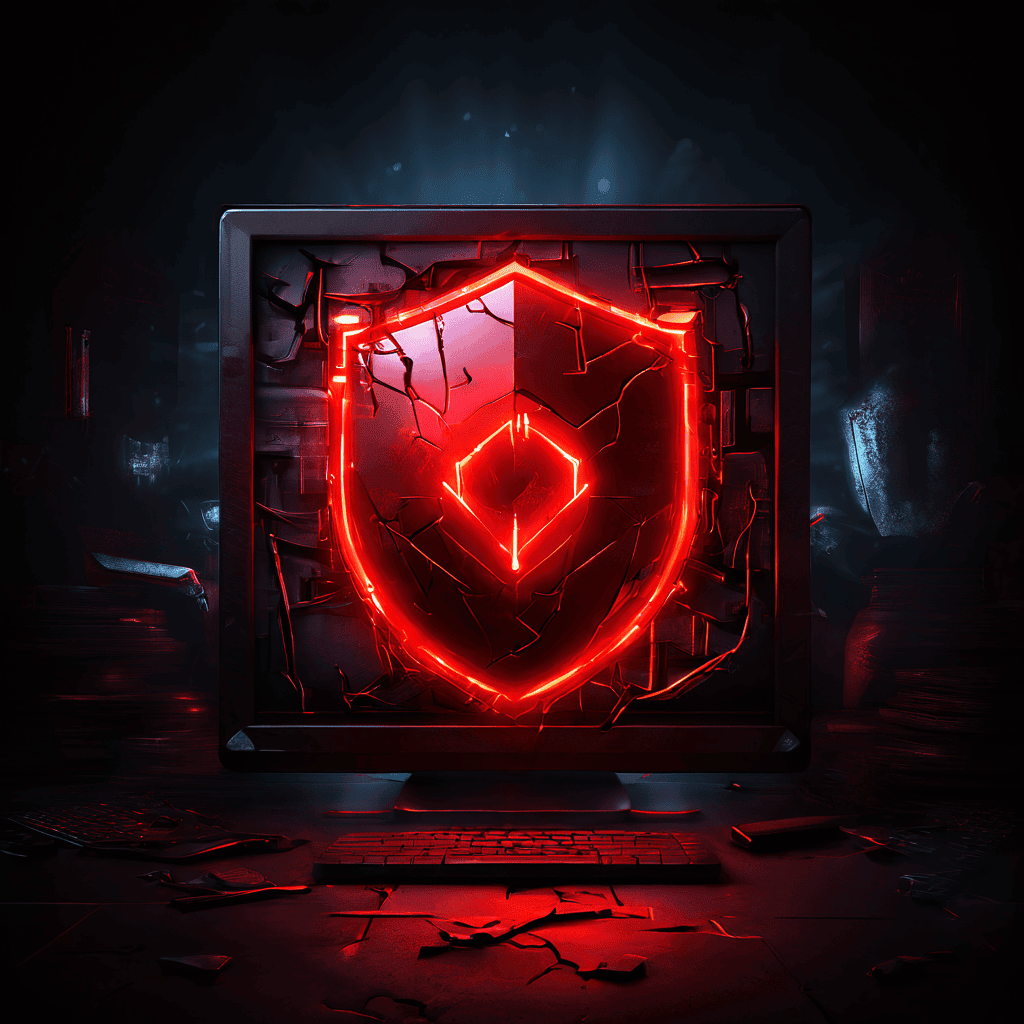 컴퓨터 화면에 빨간 경고 표시와 깨진 방패 아이콘이 나타나고, 그림자 같은 디지털 손이 비밀번호를 훔쳐가는 사이버 보안 위협을 상징적으로 묘사한 이미지입니다.