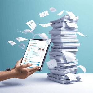 종이 의료비 청구서 더미에 짓눌려 고통받는 사람과 바로 옆에 떠 있는 디지털 태블릿의 체크 표시 아이콘이 디지털 건강 관리 시스템으로의 전환 필요성을 대조적으로 보여주는 이미지입니다.