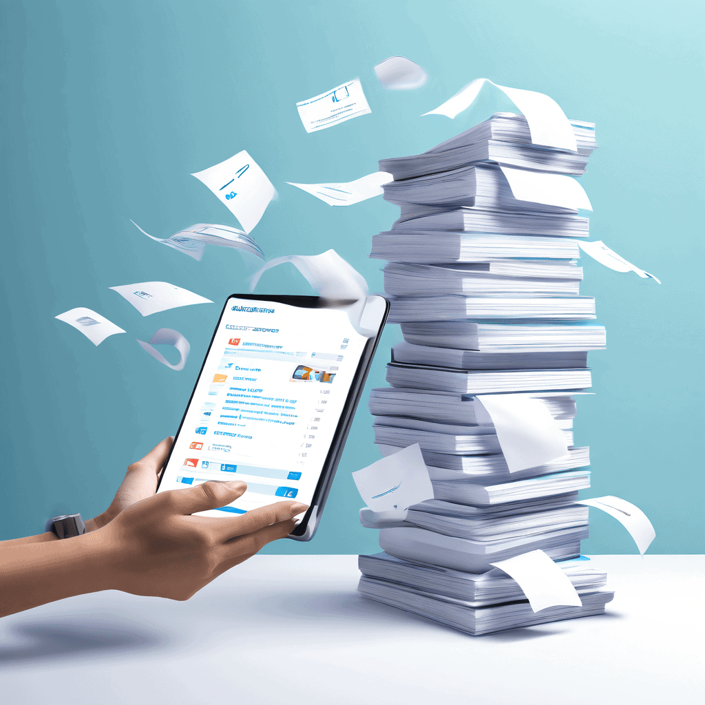 종이 의료비 청구서 더미에 짓눌려 고통받는 사람과 바로 옆에 떠 있는 디지털 태블릿의 체크 표시 아이콘이 디지털 건강 관리 시스템으로의 전환 필요성을 대조적으로 보여주는 이미지입니다.