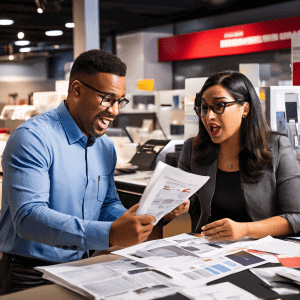 수리 카운터에서 불만을 표시하는 고객과 공격적인 태도로 중고품 교체 프로모션 브로슈어를 가리키는 압박적인 세일즈 직원의 갈등 상황을 묘사한 이미지입니다.