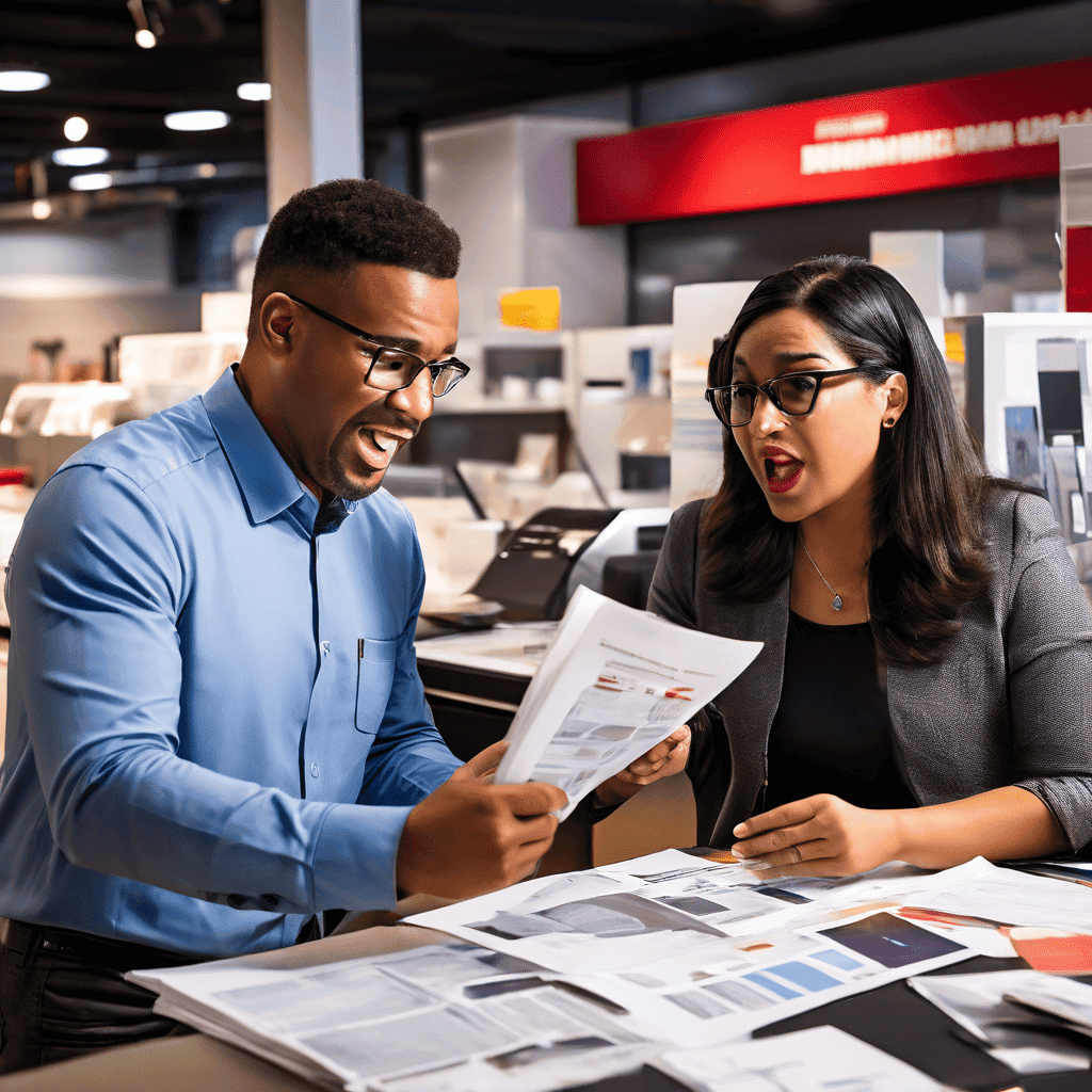 수리 카운터에서 불만을 표시하는 고객과 공격적인 태도로 중고품 교체 프로모션 브로슈어를 가리키는 압박적인 세일즈 직원의 갈등 상황을 묘사한 이미지입니다.
