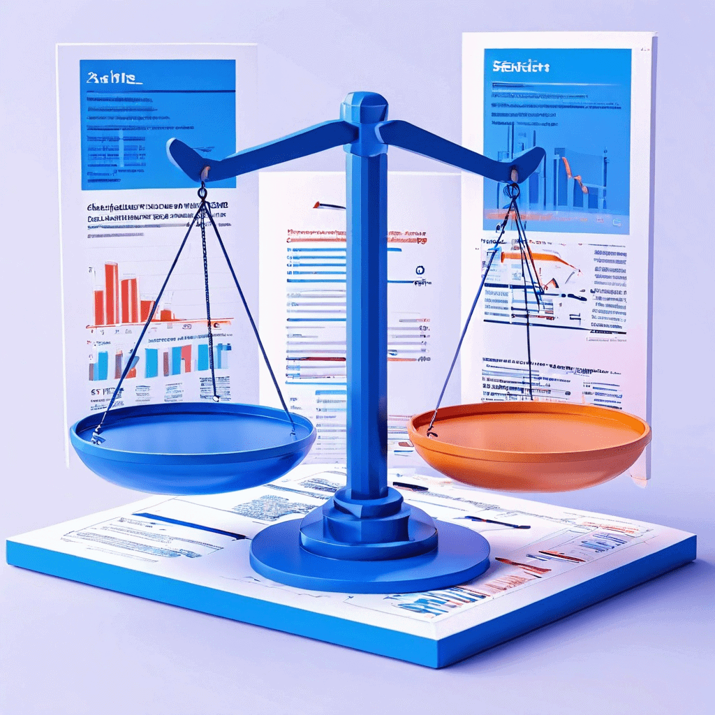 데이터 활용과 위험 관리의 균형을 상징하며, 윤리 가이드라인 및 규제 문서와 데이터 차트와 경고 기호가 저울 양쪽에 놓인 3D 저울 이미지입니다.
