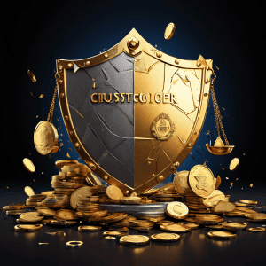 고객 보호와 이익 창출의 균형을 상징하는 저울이 부서지며 금화와 방패가 갈라진 틈으로 떨어지는 모습으로, 기업의 사회적 책임과 수익성 간의 갈등을 시각적으로 표현한 이미지입니다.