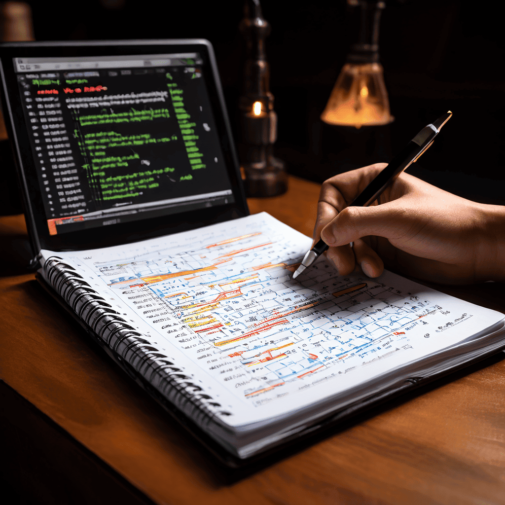 디지털 데이터 분석을 통해 이전 답안지를 평가하고 시험 난이도를 조정하며 다음 문제를 생성하는 숨겨진 알고리즘의 자동화된 과정을 개념적으로 보여주는 이미지입니다.