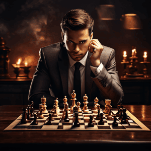 불안과 우유부단함을 드러낸 고객의 심리를 활용하여 유리한 조건을 만들어가는 통신사 상담사가 전략적 체스 플레이어처럼 비유적으로 표현된 이미지입니다.