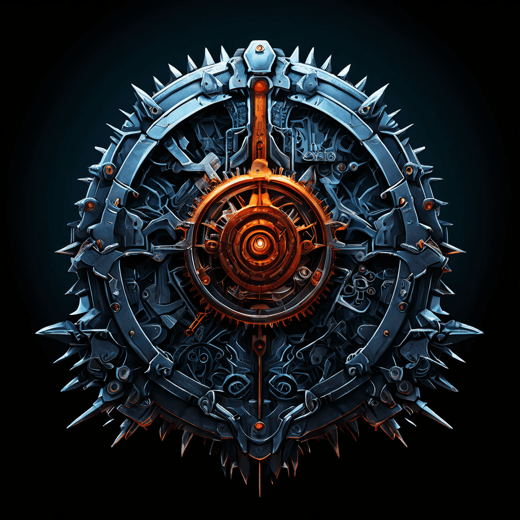 정점에서 정체된 그래프와 그 아래로 퍼지는 구조적 균열 옆에, 겹쳐진 기어와 옵션 기호로 구성된 복잡하면서도 견고한 방패가 준비된 모습을 보여주는 이미지입니다.