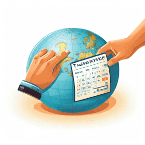 여행 보험 가입으로 다가오는 해외 여행 날짜를 안전하게 보호하는 개념을 시각화한 이미지로, 손으로 여행 보험 서류를 놓아 미래의 달력 날짜를 확정하고 자물쇠 아이콘으로 고정하는 모습을 담고 있습니다.