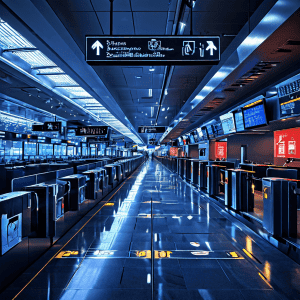 공항 보안 단속을 위한 패스트 트랙 레인의 운영 방식과 승객 흐름을 투명 다이어그램으로 보여주며, 다층적 보안 검문 기술이 평가되고 있는 현장을 설명하는 이미지입니다.